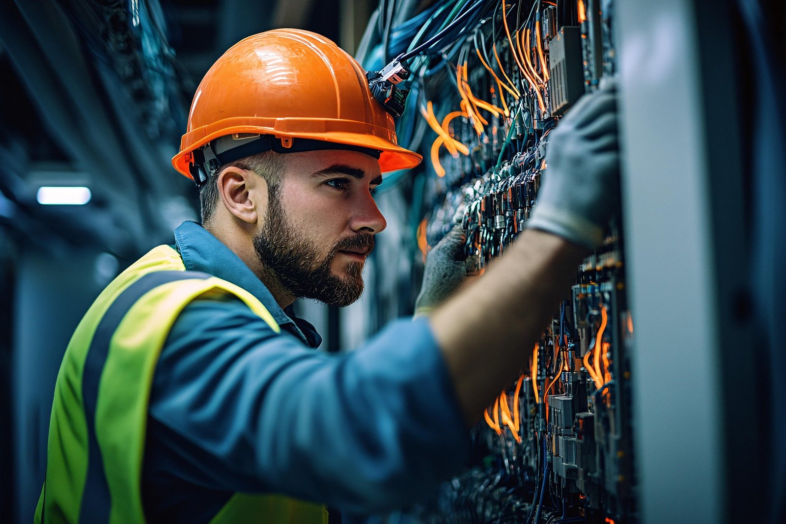 Professional telecom technician working on infrastructure